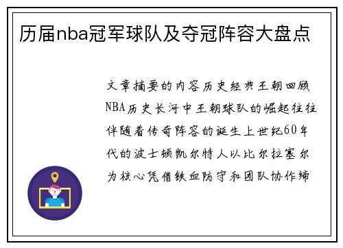 历届nba冠军球队及夺冠阵容大盘点